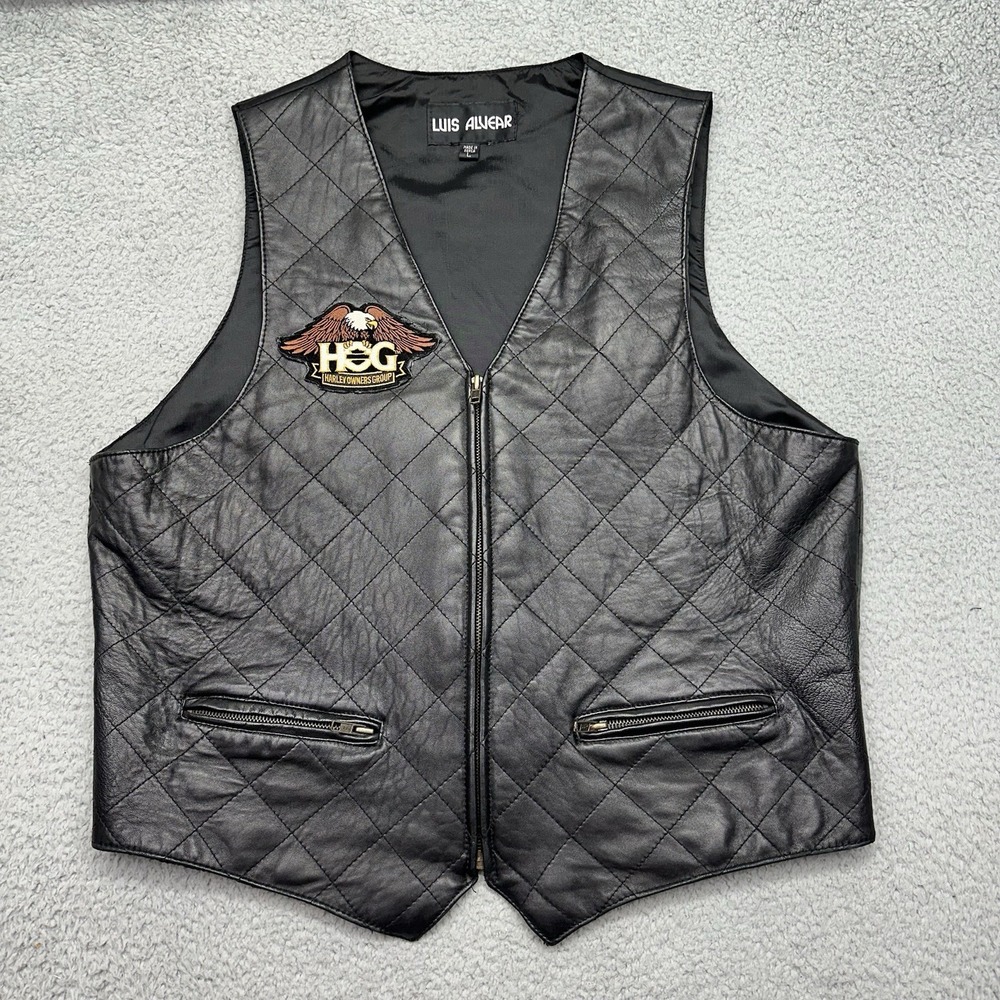 Luis Alvear Mens Large Black Leather Custom Motorcycle Vest w/ HOG Patch & Logo